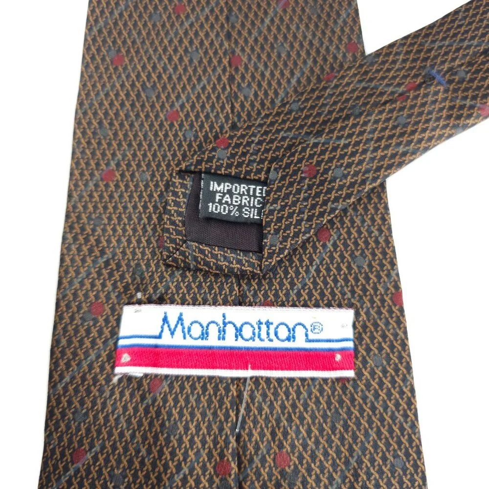 Manhattan Men Necktie 100% Silk Geometric Black Brown Red Size 57x4 - NWOT